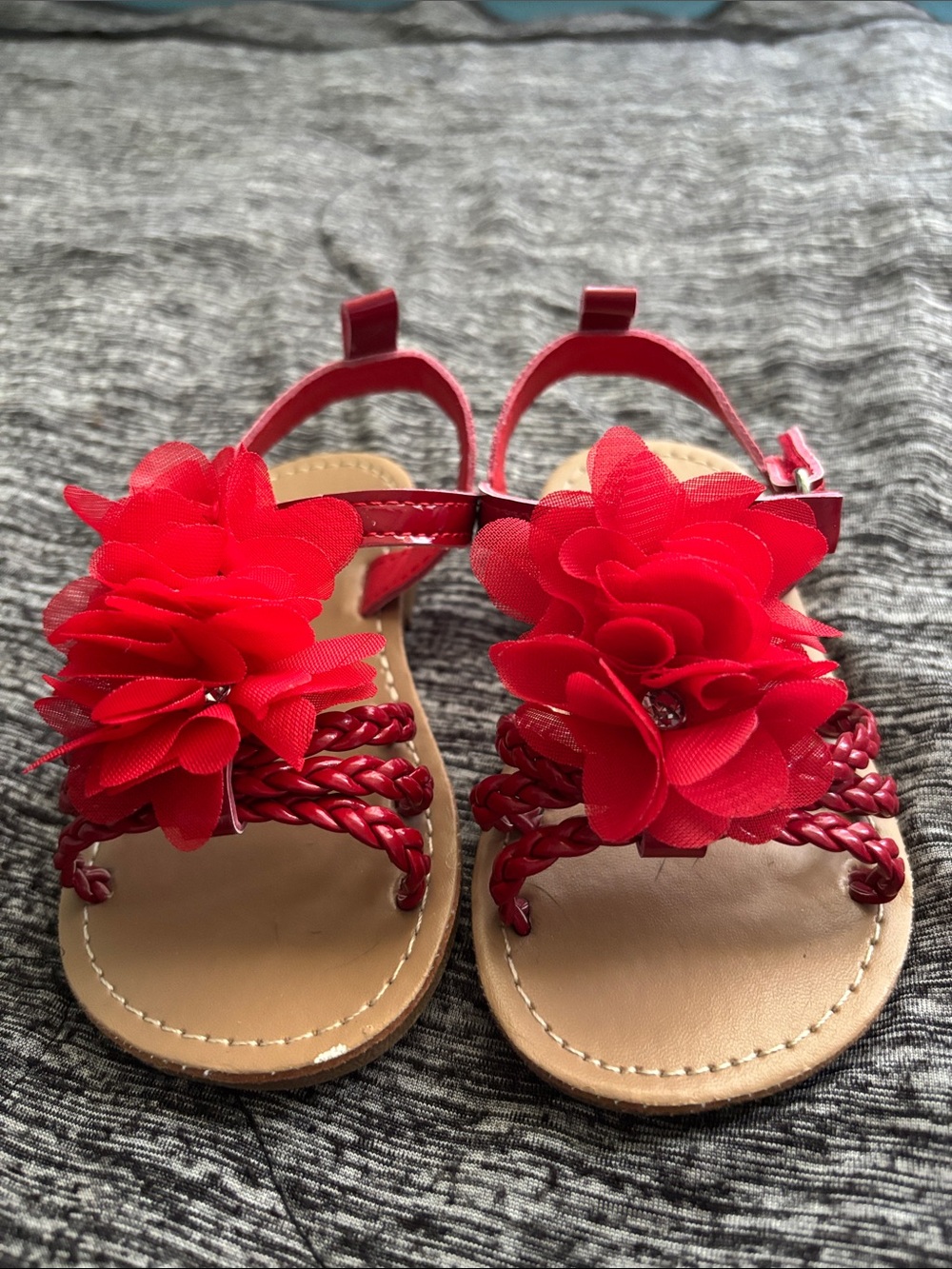 Girls' Red Flower Braided Strap Sandals - Kids Summer Footwear